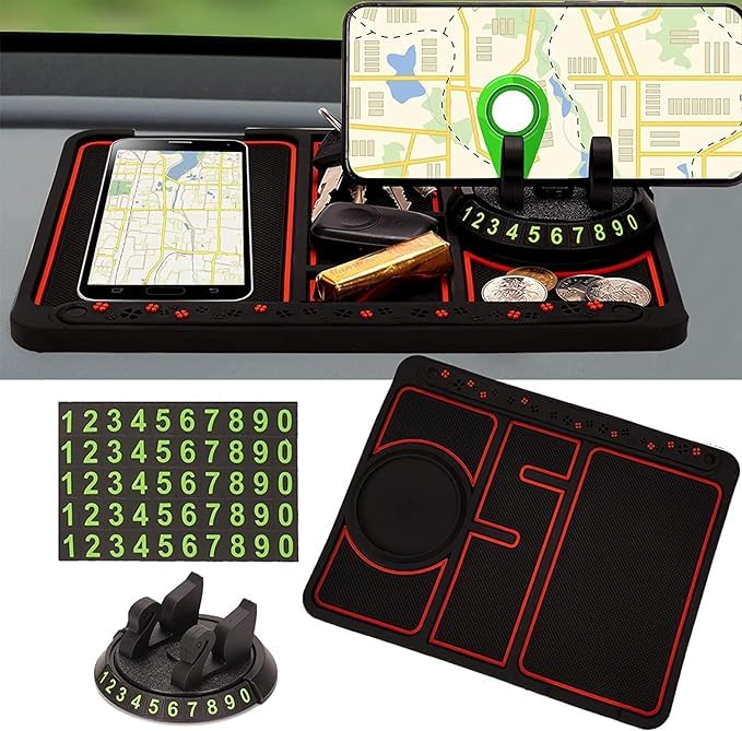 SkyShopy Car Non Slip Dashboard Mat 4-in-1 Multifunctional 360°Rotating Phone Holder Phone Pad with Temporary Car Parking Number & 2 Perfume Aromatherapy Anti-Shake Pad Universal Phone Holder (Red) SkyShopy Car Non Slip Dashboard Mat 4-in-1 Multifunctional 360°Rotating Phone Holder Phone Pad with Temporary Car Parking Number & 2 Perfume Aromatherapy Anti-Shake Pad Universal Phone Holder (Red)